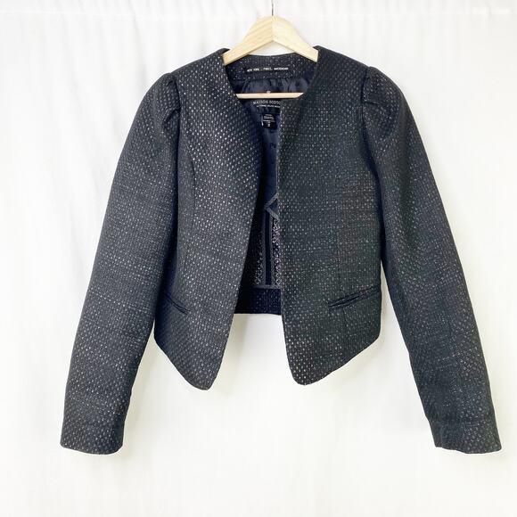 Maison Scotch Blazer Jacket Black Silver Foil Crop Open Front 2 (US 8) - Picture 1 of 5